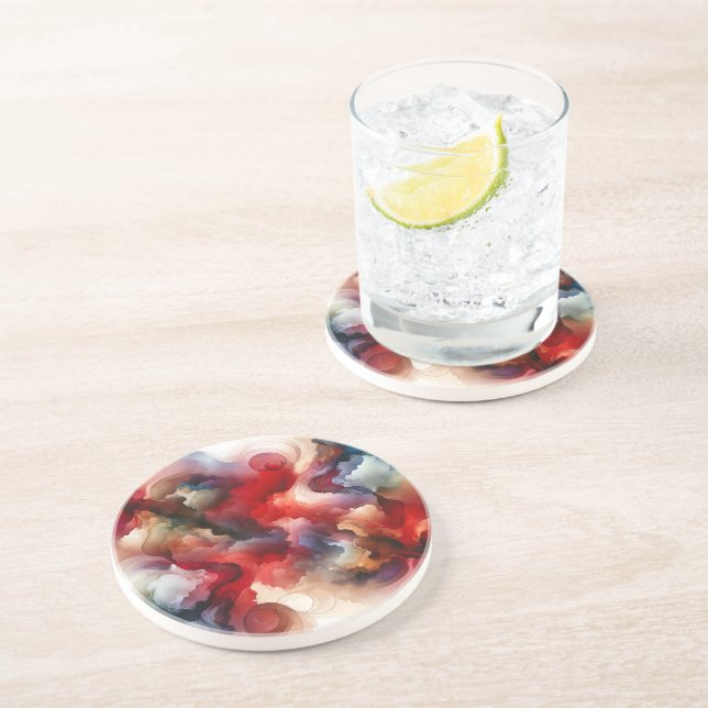 Garnet Red Smokey Abstract Watercolor Cloud Coaster (Side)