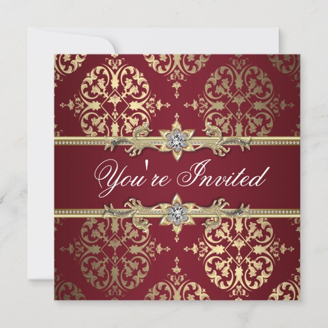 Garnet Ruby Red Gold Black Damask Party Invitation (Front)