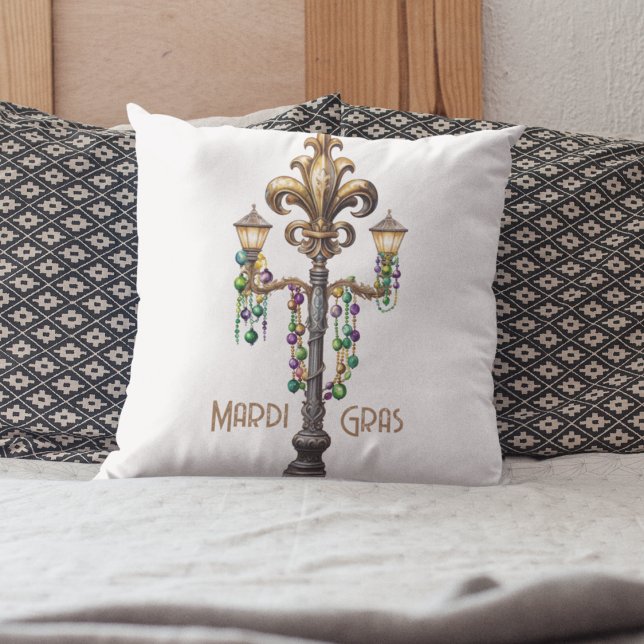 Gas Lamp and Beads Mardi Gras Party  Cushion (Mardi Gras beads and a Fleur De Lis Throw pillow for your Carnivale decor and festivities. )