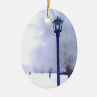 Gas lamp on snowy street ceramic tree decoration