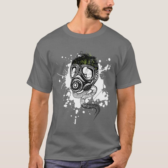 Gasmask & Nature on Grey T-Shirt (Front)