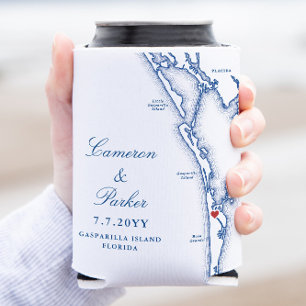 Gasparilla Island FL  Map Navy Blue Wedding Favour Can Cooler
