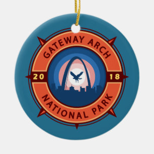 Gateway Arch National Park Retro Compass Emblem Ceramic Tree Decoration