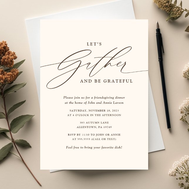 Gather and Be Grateful Friendsgiving Brown Invitation (Creator Uploaded)