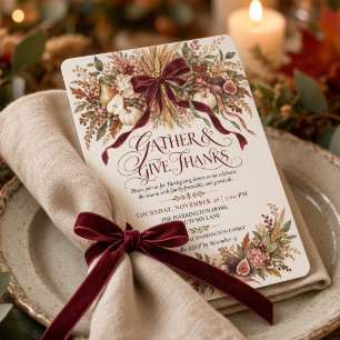 Gather and Give Thanks Coquette Bow ThanksgIving Invitation