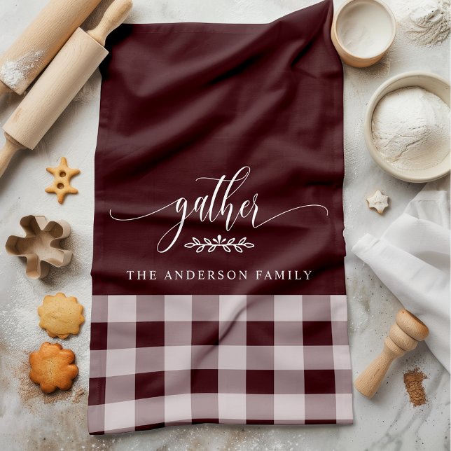 Gather Fall Burgundy & White Buffalo Check Tea Towel (Creator Uploaded)