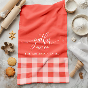 Gather Fall Coral & White Buffalo Check Tea Towel