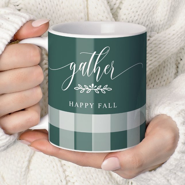 Gather Happy Fall Green & White Buffalo Check Coffee Mug (Creator Uploaded)