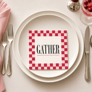 Gather Red Pink Gingham Thanksgiving Cocktail Napkin
