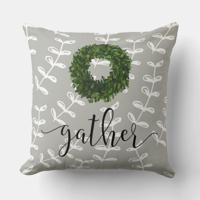 Gather Script Floral Modern Farmhouse Simple Cushion (Front)