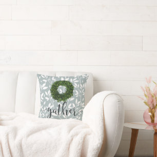 Gather Script Simple Floral Country Green Wreath Cushion