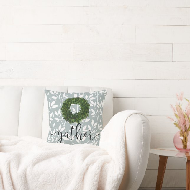 Gather Script Simple Floral Country Green Wreath Cushion (Couch)