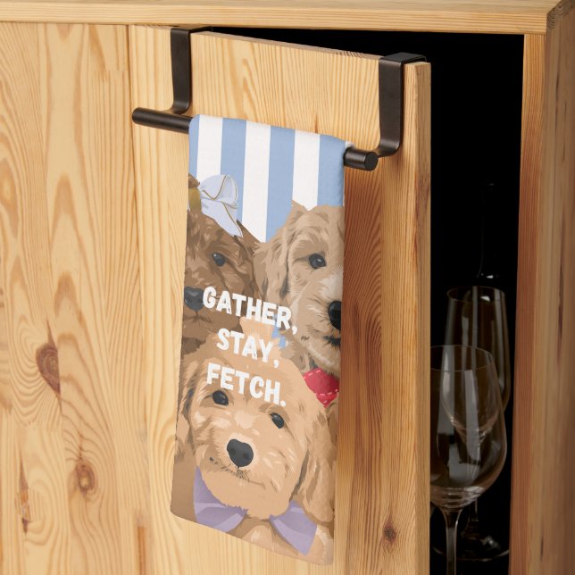 'Gather, Stay, Fetch.' Blue And White Striped  Tea Towel (Thirds Fold)