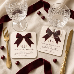 Gather Together Burgundy Velvet Bow Personalised Square Paper Coaster