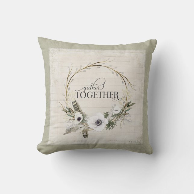Gather Together Typography Farmhouse Watercolor Cushion (Front)