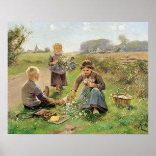 Gathering Flowers (oil on canvas) Poster
