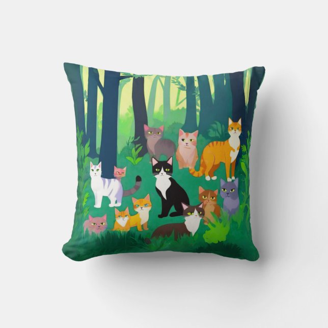 Gathering of Cats in a Shady Forest Glade Cushion (Front)