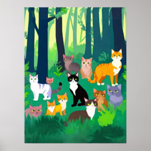 Gathering of Cats in a Shady Forest Glade Poster