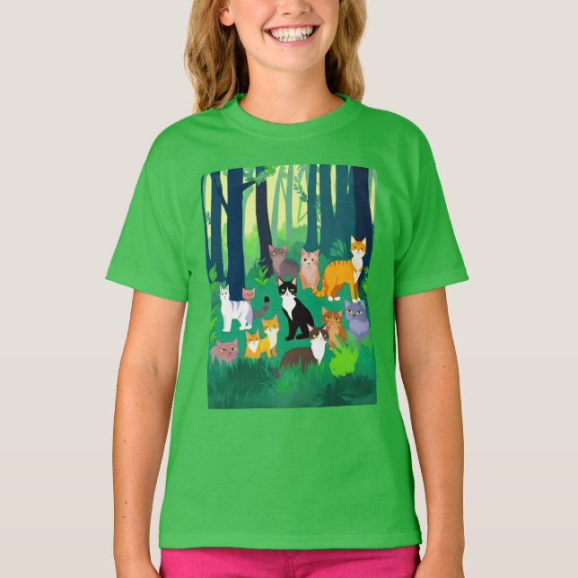 Gathering of Cats in a Shady Forest Glade T-Shirt (Front)