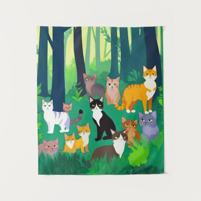 Gathering of Cats in a Shady Forest Glade Tapestry (Front)