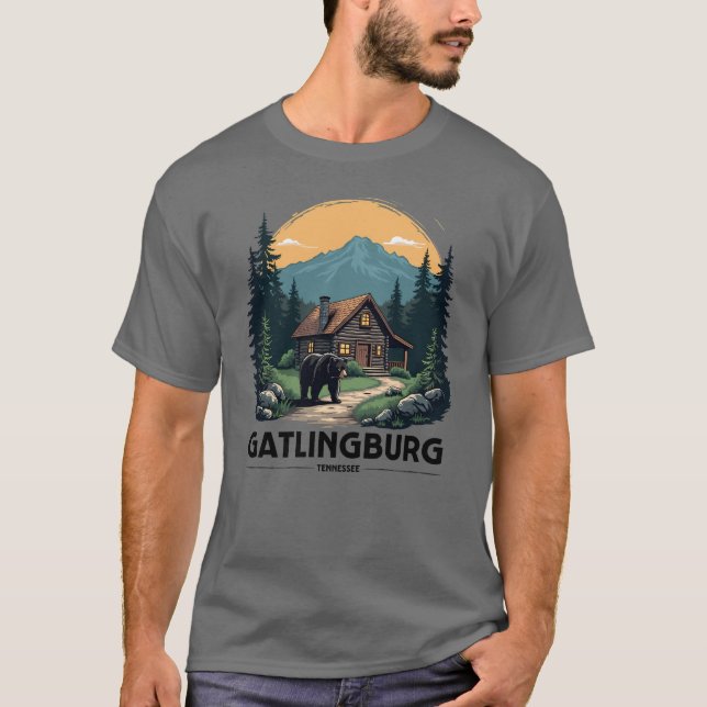 Gatlinburg Tennessee Cabin and Black Bear T-Shirt (Front)