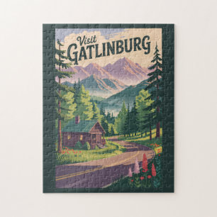 Gatlinburg Tennessee Cabin Travel Art Vintage Jigsaw Puzzle