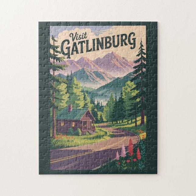 Gatlinburg Tennessee Cabin Travel Art Vintage Jigsaw Puzzle (Vertical)