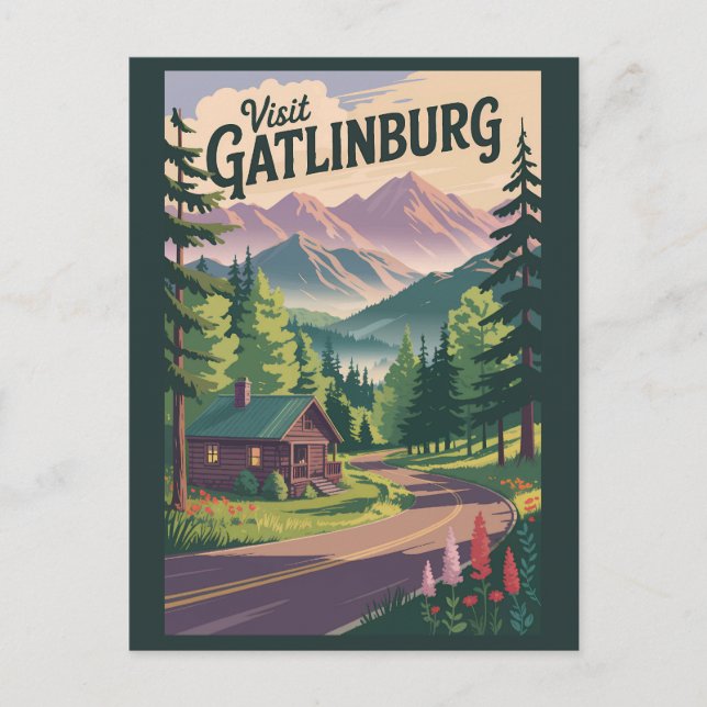 Gatlinburg Tennessee Cabin Travel Art Vintage Postcard (Front)
