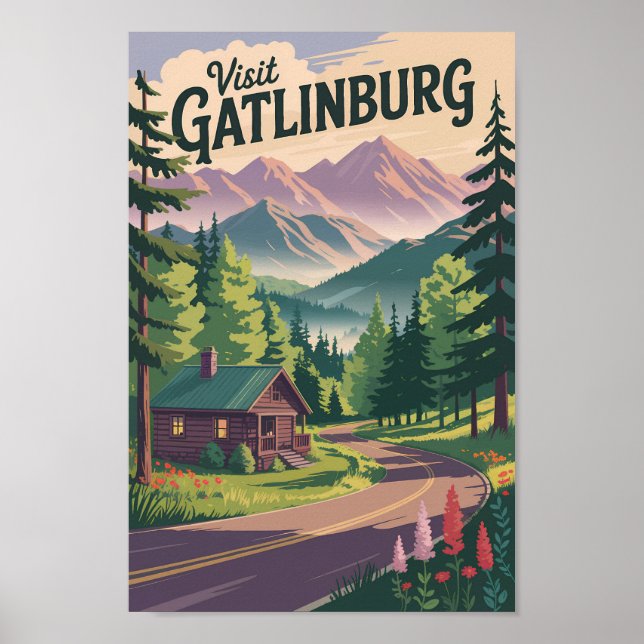 Gatlinburg Tennessee Cabin Travel Art Vintage Poster (Front)