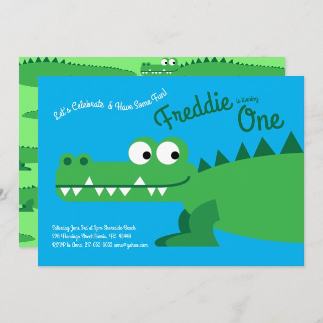 Gator Alligator Crocodile Kids 1st Birthday Party Invitation (Front/Back)