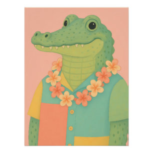 Gator in a colour-blocked Hawaiian shirt with lei Poster