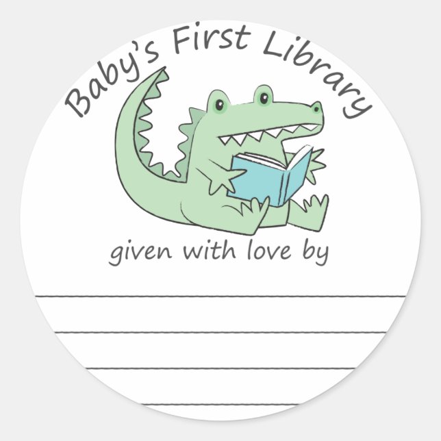 Gator reading baby's first library bookplate classic round sticker (Front)