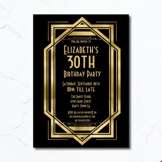 Gatsby 1920s Art Deco Black | Gold 30th Birthday Invitation