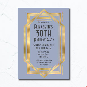 Gatsby 1920s Art Deco Blue Gold 30th Birthday Invitation