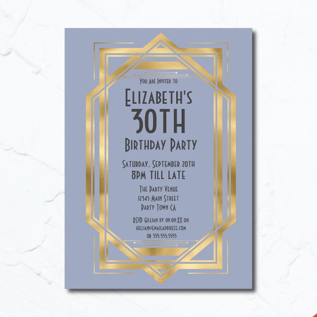 Gatsby 1920s Art Deco Blue | Gold 30th Birthday Invitation (Creator Uploaded)