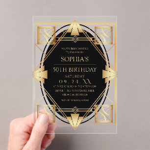 Gatsby Art Deco 50th Birthday Party Acrylic Invitations