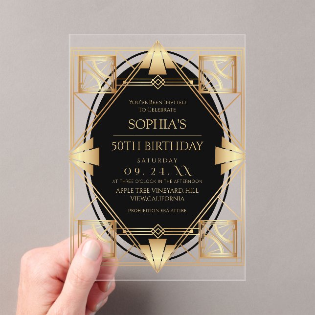 Gatsby Art Deco 50th Birthday Party Acrylic Invitations (Insitu (Handheld))