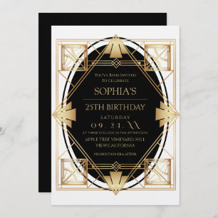 Gatsby Art Deco Black 25th Birthday Party Invitation