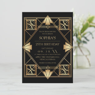 Gatsby Art Deco Black 25th Birthday Party Invitation