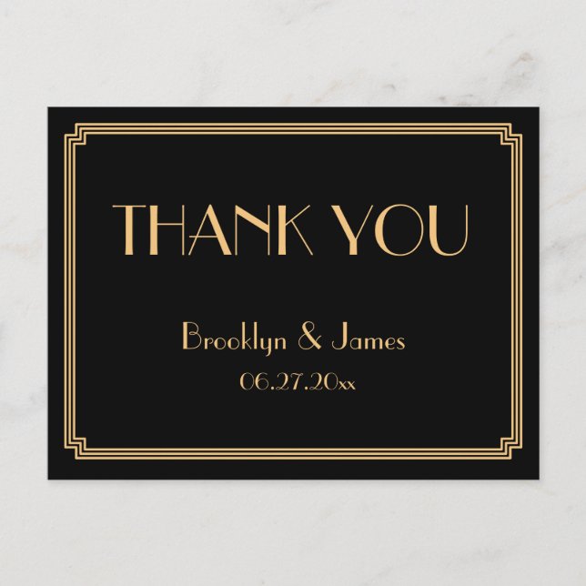 Gatsby Art Deco Black Wedding Thank You Postcards (Front)