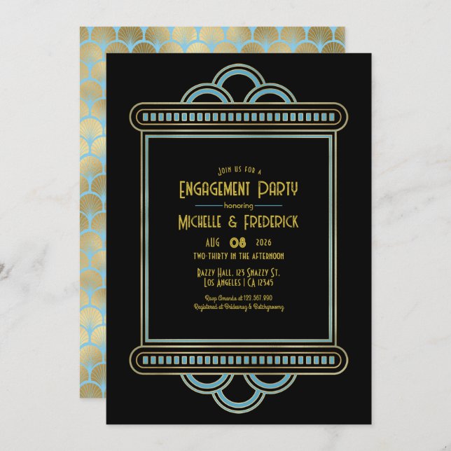 Gatsby Art Deco Blue & Gold Engagement Party Photo Invitation (Front/Back)