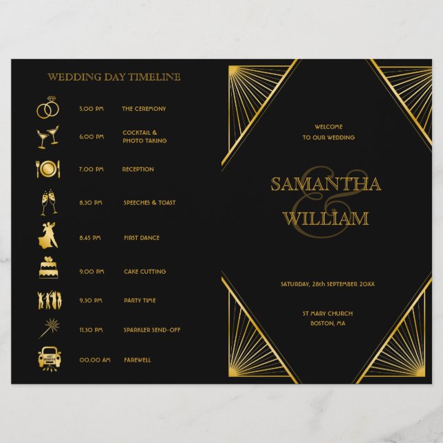 Gatsby Art Deco Folded Wedding Timeline (Front)