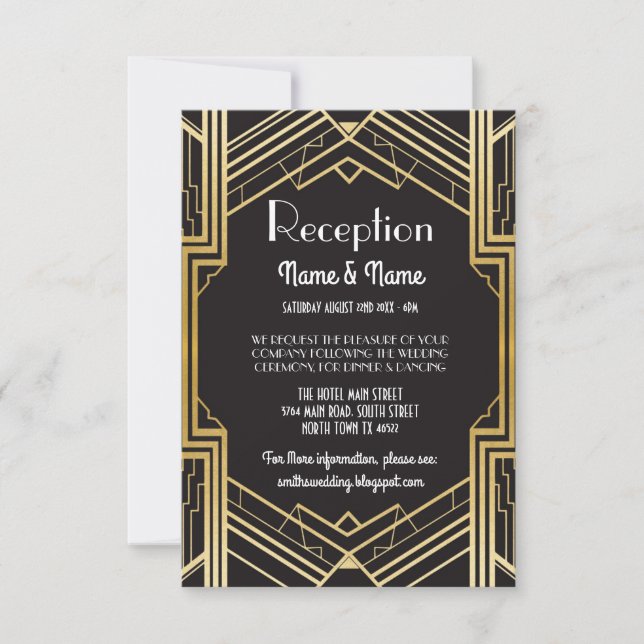 Gatsby Art Deco Gold Wedding Reception Cards (Front)