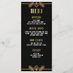 Gatsby, Art Deco, murder mystery, menu