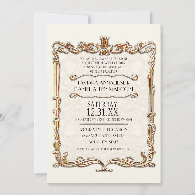Gatsby Art Deco Nouveau Lace Faux Gold Tulip Invitation (Front)