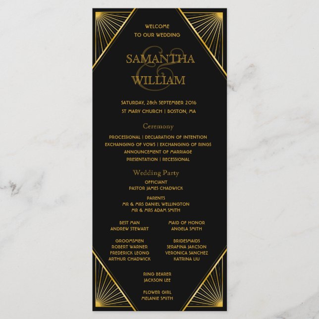 Gatsby Art Deco Wedding Timeline Programme (Front)