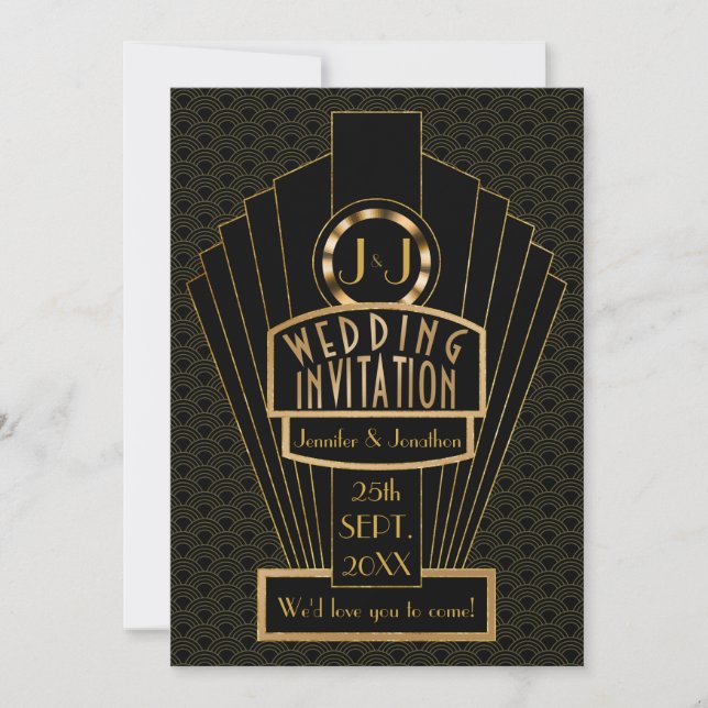 Gatsby Fanfare Vintage Art Deco Wedding Invitation (Front)