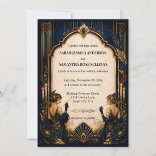 Gatsby flapper blue gold wedding 1920's invitation