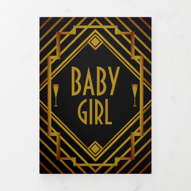Gatsby Gold 2020's , 5 Photo Collage Baby Birth Tri-Fold Announcement (Cover)