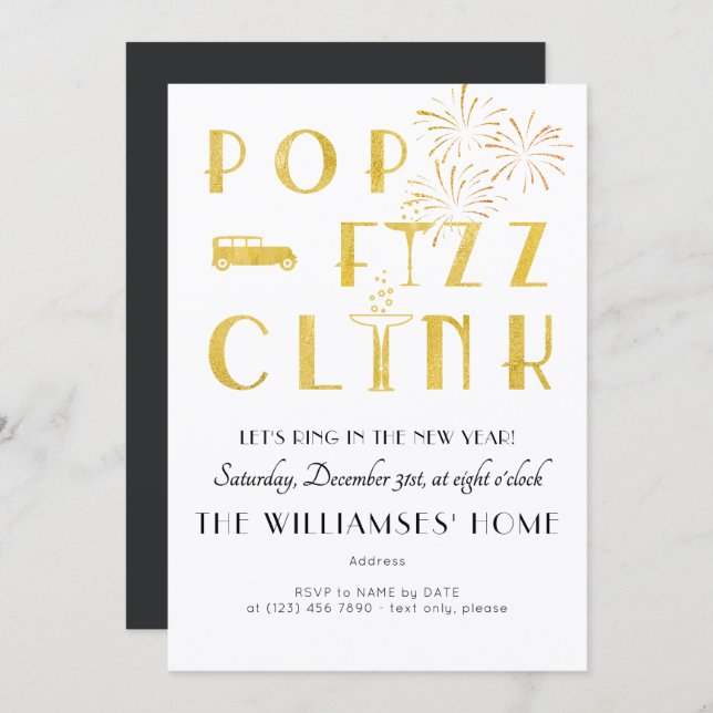 Gatsby Pop Fizz Clink Art Deco New Years Eve Party Invitation (Front/Back)